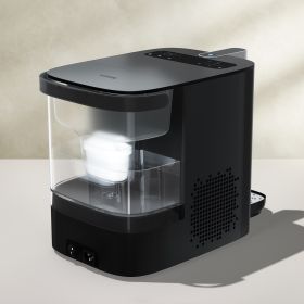 Rückseite des YOURCE cool Wasserspenders in schwarz vor beigem Hintergrund.