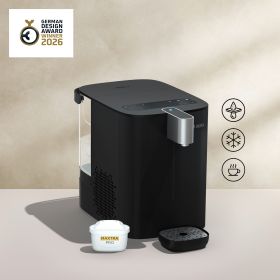 Ein YOURCE cool Wasserspender in schwarz vor beigem Hintergrund. 