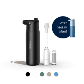 Eine kleine BRITA LARQ Filter-Trinkflasche Trinkflasche in Schwarz.