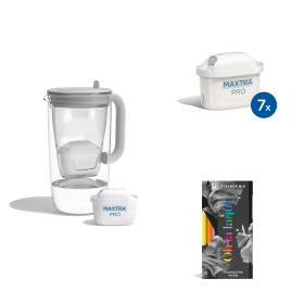 Das BRITA Perfect Home Set bestehend aus Tischwasserfilter Glas, MAXTRA und Ohlalaqua water flavour.