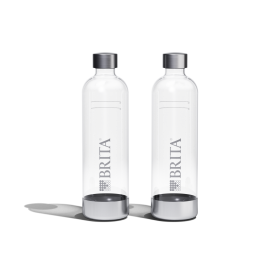 Zwei BRITA sodaONE Flaschen weißer Hintergrund Zwei BRITA Wassersprudler sodaONE Flaschen mit Edelstahlelementen