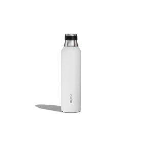 Eine kleine weiße BRITA sodaTRIO Edelstahlflasche  