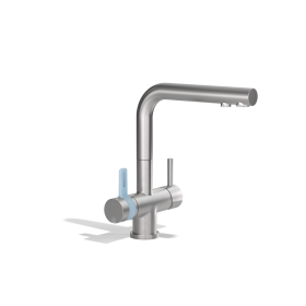 BRITA 3-Wege-Hahn eckig vor weißem Hintergrund BRITA 3-Wege-Hahn in eckiger Ausführung vor einem weißen Hintergrund.