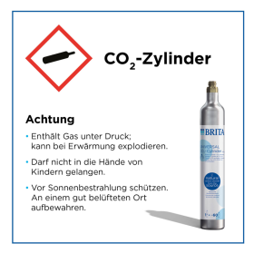 Die Grafik zeigt die Hinweise zum Gefahrgutstoff CO2 als Text. Daneben ist der BRITA CO2 Zylinder abgebildet. 