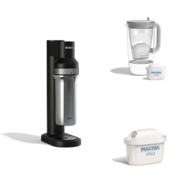 Das BRITA Sprudler Design Set bestehend aus sodaTRIO und Tischwasserfilter Glas.