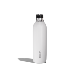 Eine große weiße BRITA sodaTRIO Edelstahlflasche  