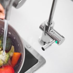 Frau wäscht mit BRITA mypure P1 Gemüse  Eine Frau wäscht das Gemüse in einem Sibe mit dem BRITA mypure P1