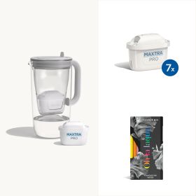 Das BRITA Perfect Home Set bestehend aus Tischwasserfilter Glas, MAXTRA und Ohlalaqua water flavour.