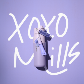 Purple BRITA LARQ water filter bottle with XOXO mills wording. Purple BRITA LARQ water filter bottle with XOXO mills wording.