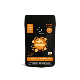 Vorderseite einer Flavour-Mix Verpackung Die Vorderseite der Teaballs Black Collection. Sie hat ein orangenefarbenes Logo.