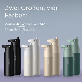 BRITA LARQ Flaschen in zwei Größen und vier Farben.