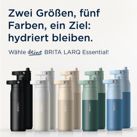 BRITA LARQ Flaschen in zwei Größen und vier Farben.