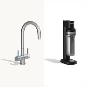 Das BRITA Sprudler Premium Set bestehend aus 3-Wege-Hahn und sodaTRIO in schwarz.