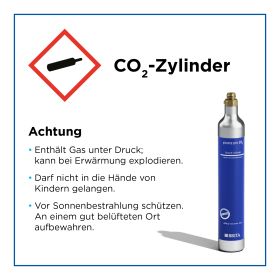 Die Grafik zeigt die Hinweise zum Gefahrgutstoff CO2 als Text. Daneben ist der yource CO2 Zylinder abgebildet. 