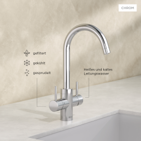 yource pro select aus Chrom mit runder Armatur vor einem beigen Hintergrund. 