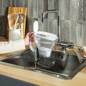 Wasser wird aus dem weißen Style Essential in ein Glas gegossen.